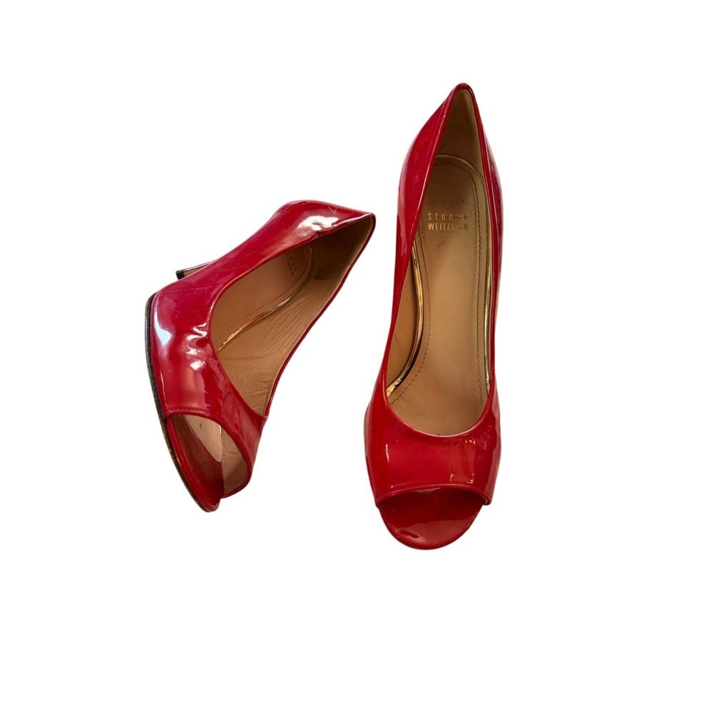 Stuart Weitzman Red Patent Leather Peep Toe Pumps Stiletto Heels Womens